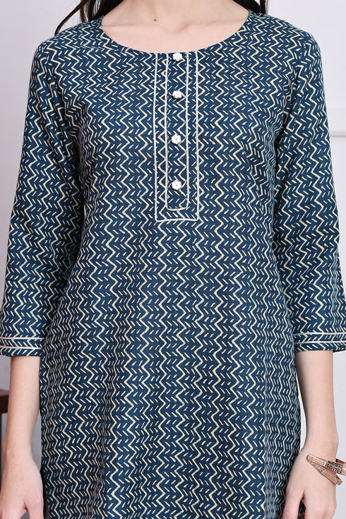 Teal & Beige Women's Cotton Zig-Zag Printed Tunic