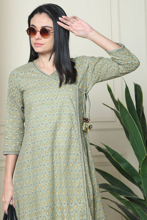 Olive Green Pure Cotton Jaipuri Printed Western Dress