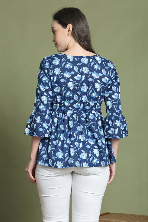 Blue Pure Cotton Jaipuri Printed Short Top