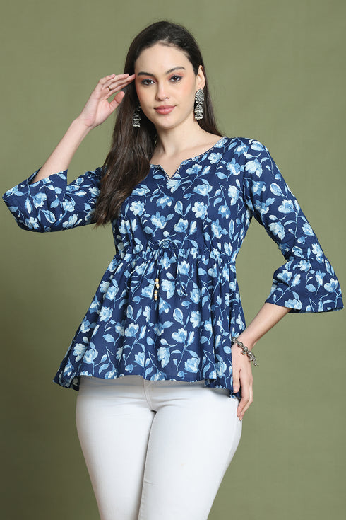 Blue Pure Cotton Jaipuri Printed Short Top