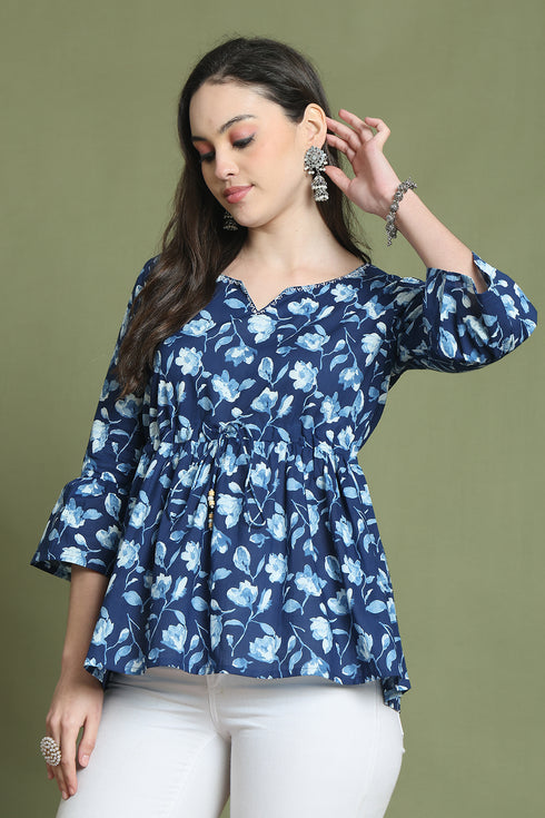Blue Pure Cotton Jaipuri Printed Short Top