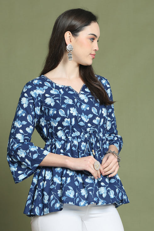 Blue Pure Cotton Jaipuri Printed Short Top