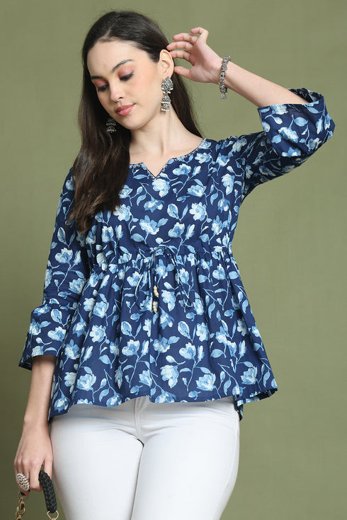 Blue Pure Cotton Jaipuri Printed Short Top