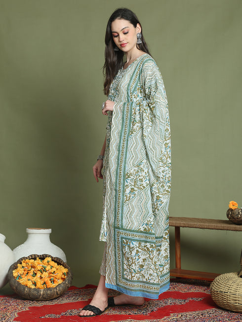 Women's Pure Cotton Jaipuri Printed Kurta & Pant With Dupatta