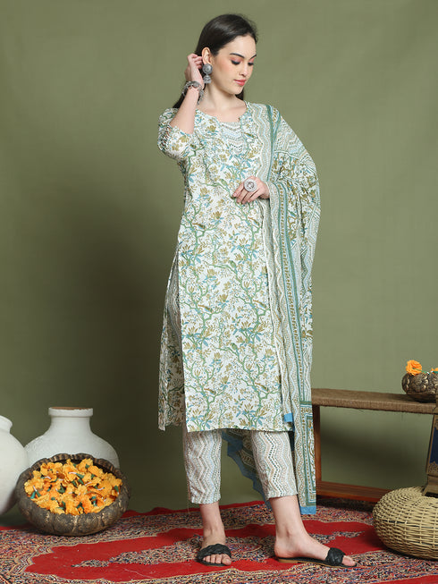 Women's Pure Cotton Jaipuri Printed Kurta & Pant With Dupatta