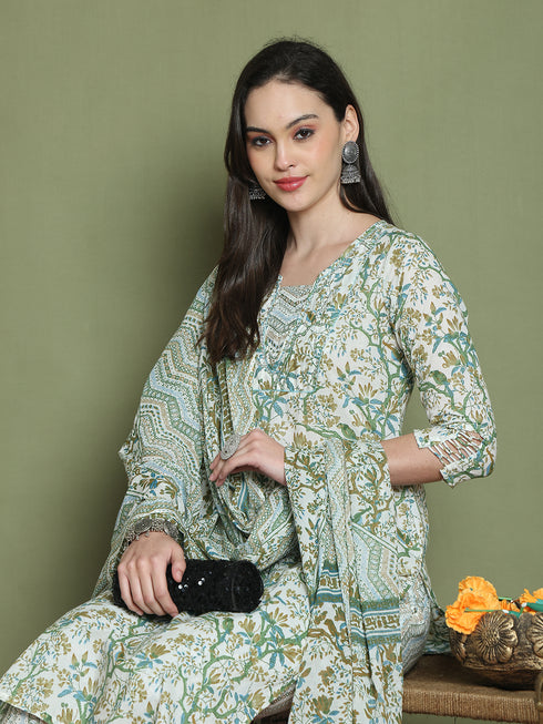 Women's Pure Cotton Jaipuri Printed Kurta & Pant With Dupatta