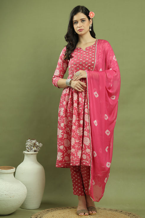 Women's Pure Cotton Floral Printed Kurta & Pant With Dupatta