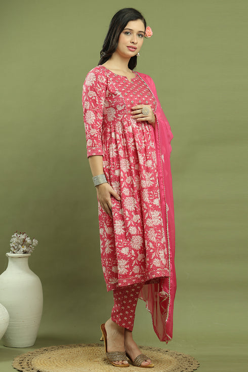 Women's Pure Cotton Floral Printed Kurta & Pant With Dupatta