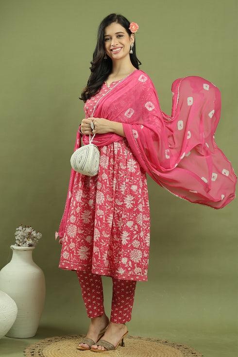 Women's Pure Cotton Floral Printed Kurta & Pant With Dupatta