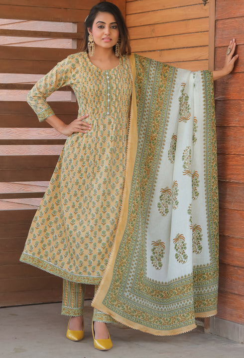 Light Yellow & Light Green Pure Cotton Jaipuri Printed Kurta Set With Dupatta