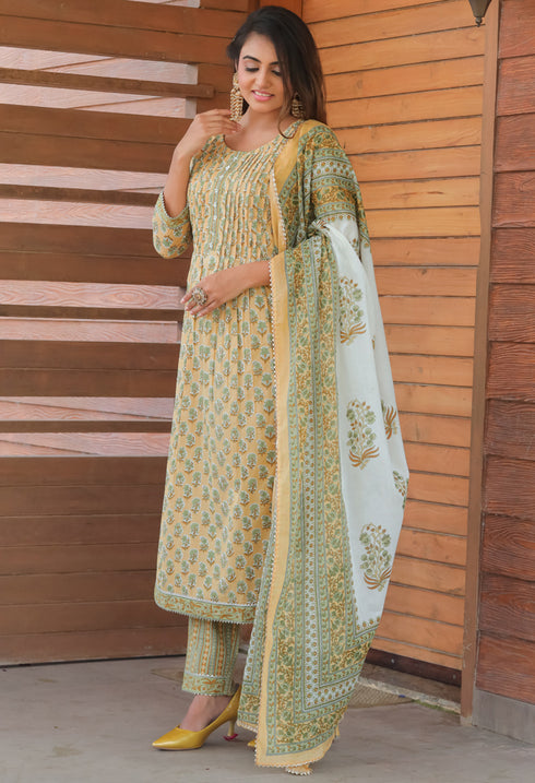 Light Yellow & Light Green Pure Cotton Jaipuri Printed Kurta Set With Dupatta