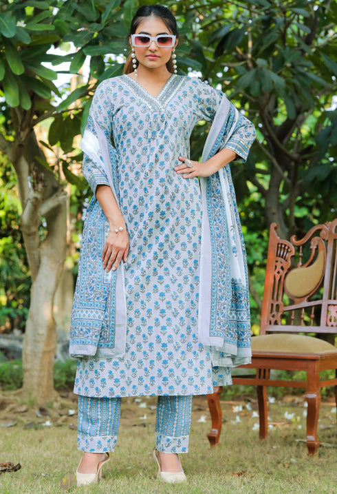 Blue & Grey Pure Cotton Jaipuri Printed Kurta Set With Dupatta