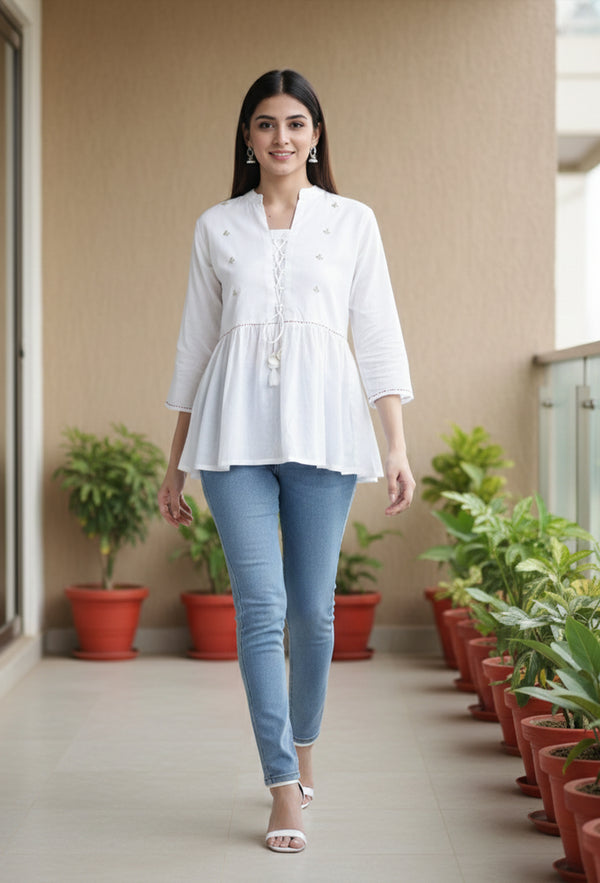 Off White Pure cotton Embroidered Short Top