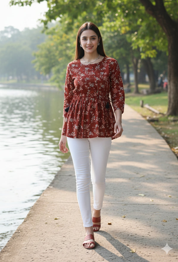 Brown Pure cotton Jaipuri Printed Short Top