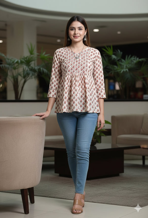Beige Pure cotton Jaipuri Printed Short Top