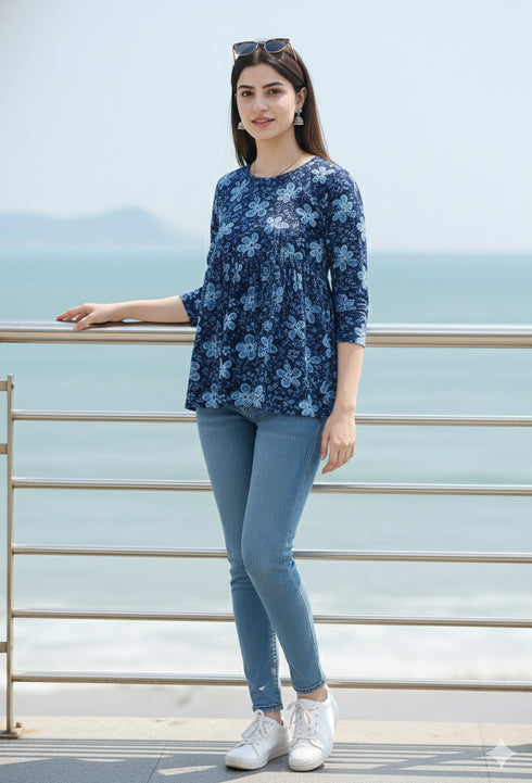 Navy Blue Pure Cotton Floral Printed Short Top