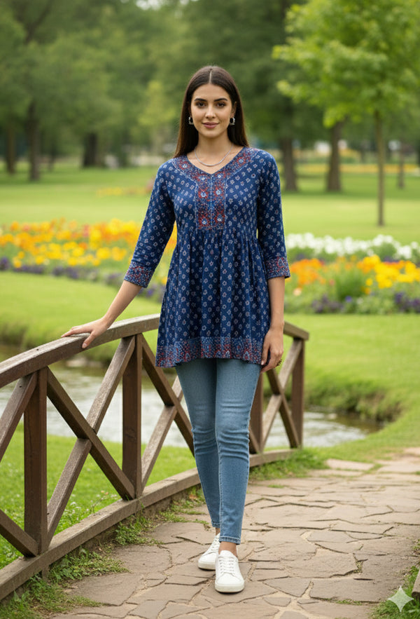 Blue Pure Cotton Jaipuri Printed Short Top