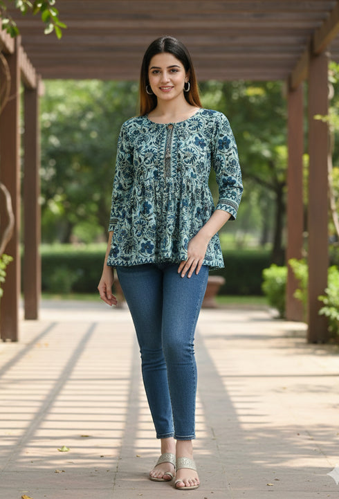 Sea Green Pure Cotton Floral Printed Short Top