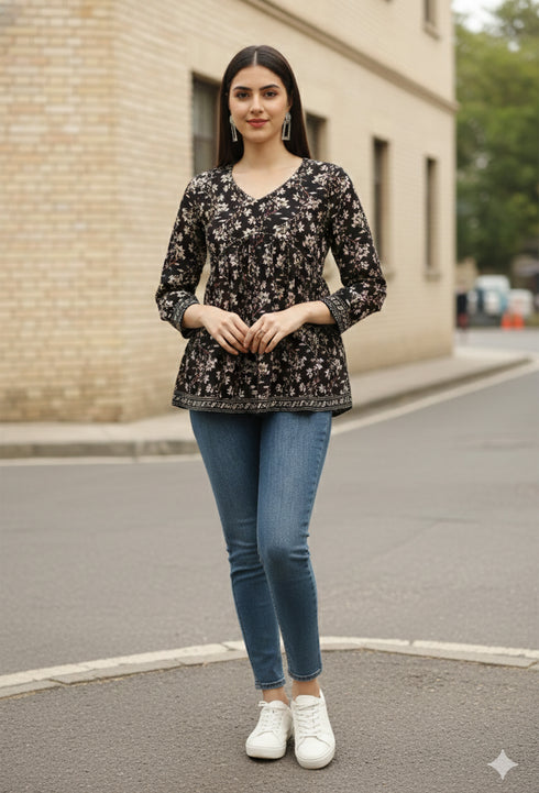 Black Pure Cotton Floral Printed Short Top