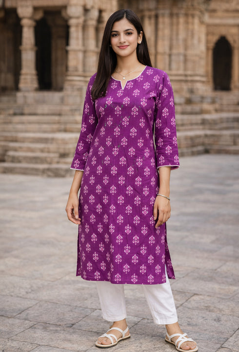 Purple Cotton Jaipuri Floral Printed Kurti