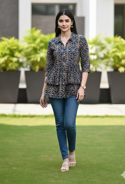 Navy Blue Women's Cotton Jaipuri Printed Short Top