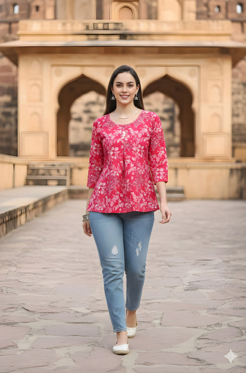 Pink Pure Cotton Jaipuri Printed Short Top