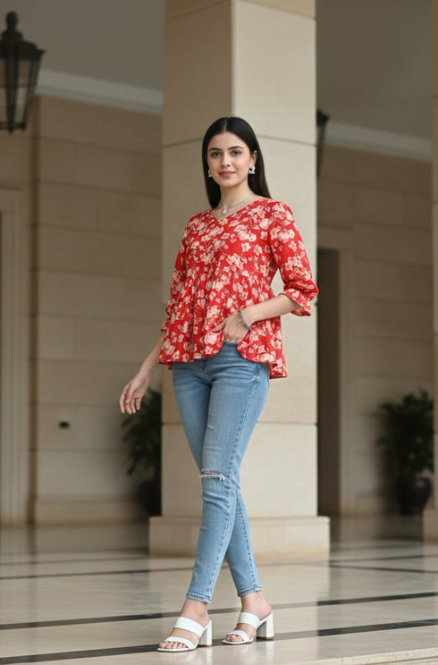 Red Pure Cotton Jaipuri Printed Short Top