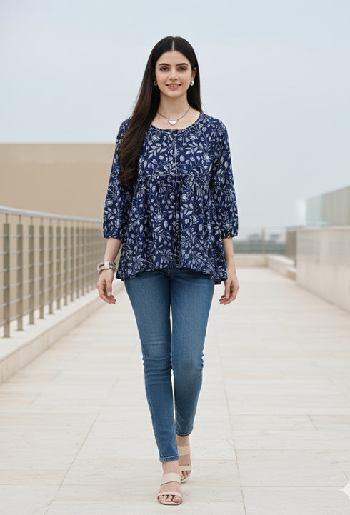 Garden Vibes Blue Cotton Jaipuri Printed Short Top