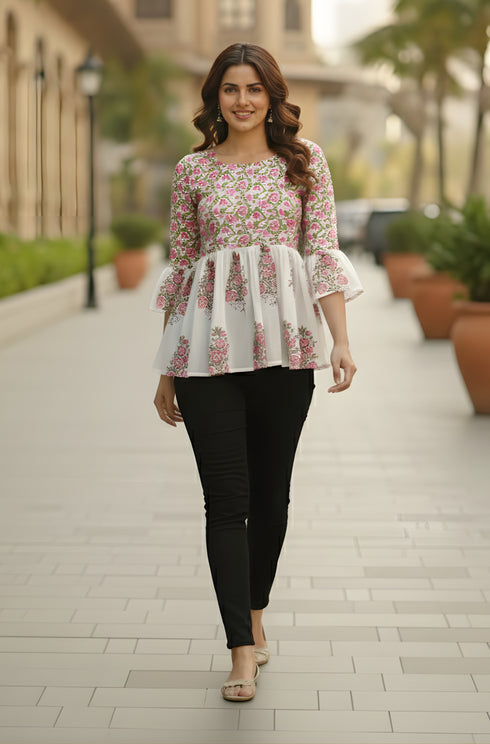 White & Pink Pure Cotton Floral Printed Short Top