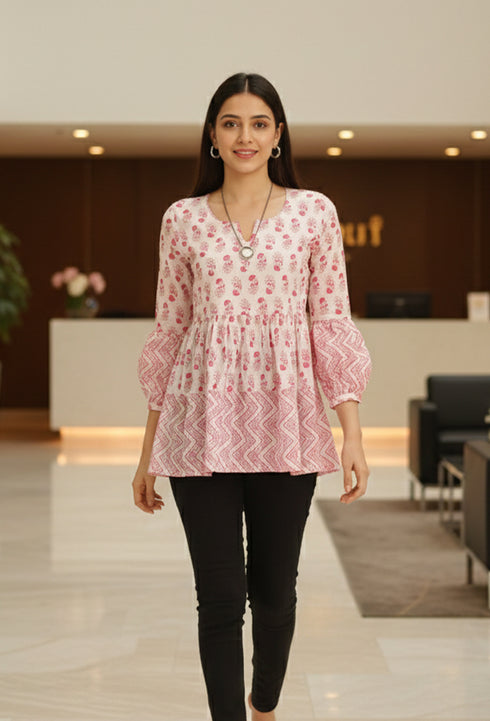 White & Pink Pure Cotton Floral Printed Short Top
