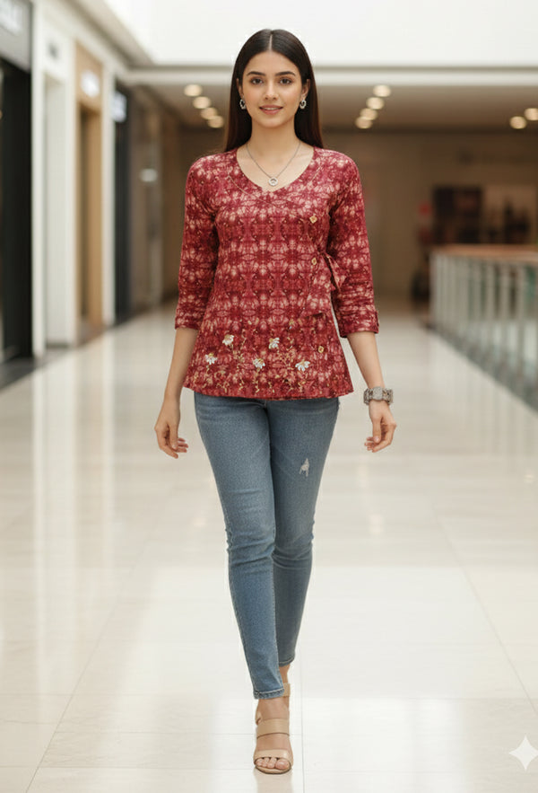 Magenta Pure Cotton Jaipuri Printed Short Top