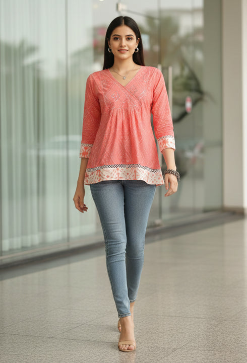 Peach Pure Cotton Bandhani Printed Short Top