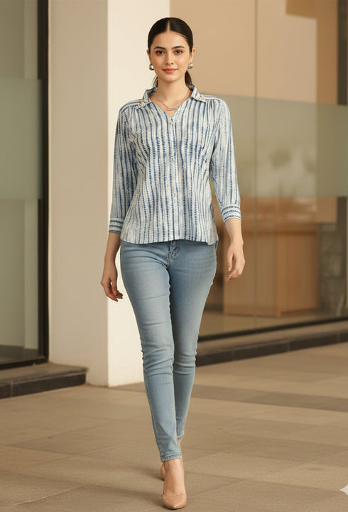 White & Blue Pure Cotton Tie-Die Printed Short Top