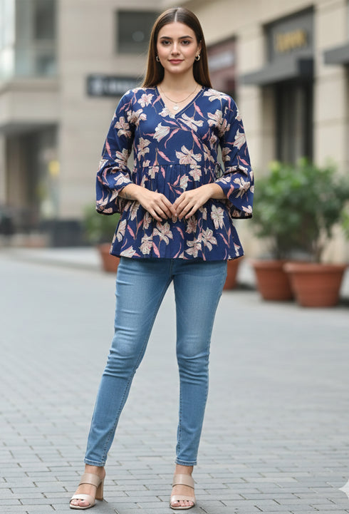 Blue Pure Cotton Floral Printed Short Top