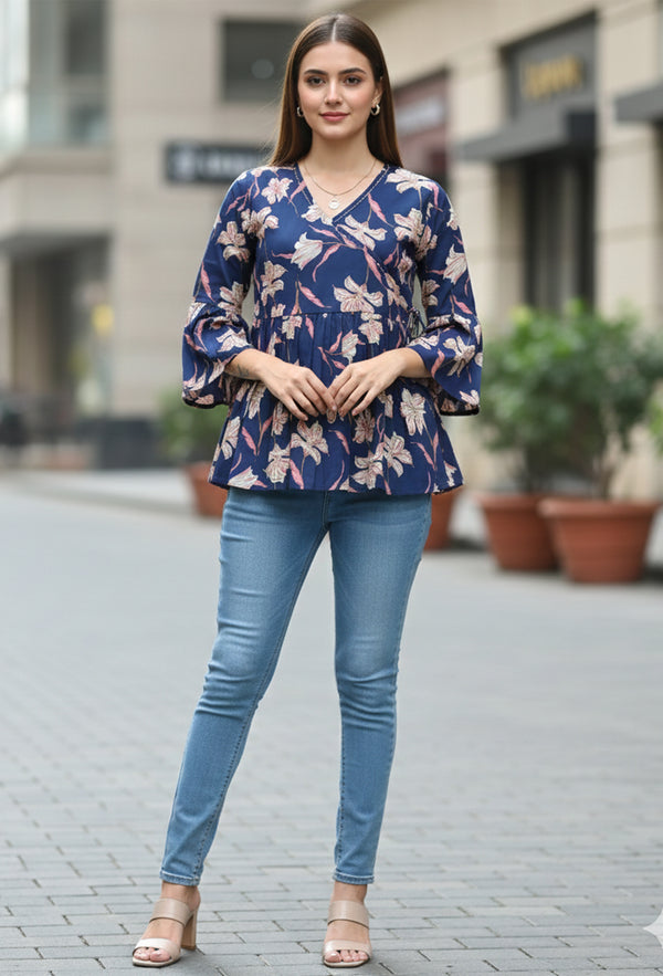 Blue Pure Cotton Floral Printed Short Top