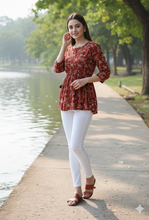 Brown Pure cotton Jaipuri Printed Short Top