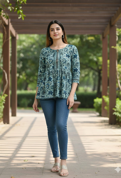 Sea Green Pure Cotton Floral Printed Short Top