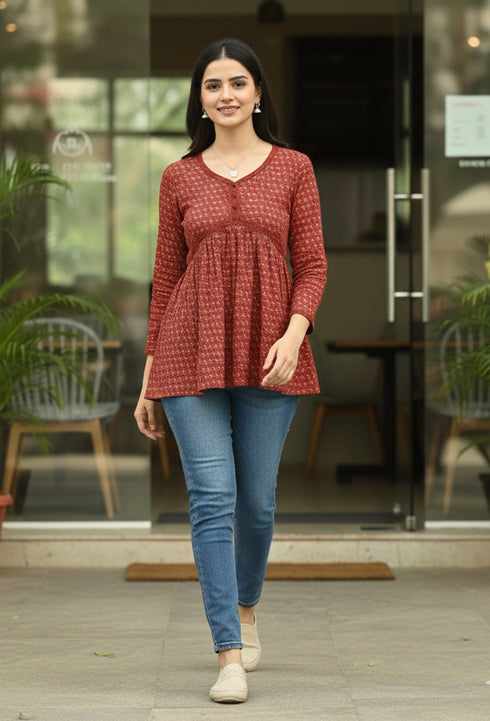 Maroon Women's Pure Cotton Jaipuri Printed Short Top