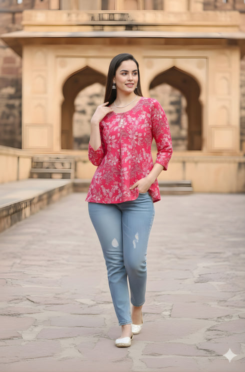Pink Pure Cotton Jaipuri Printed Short Top