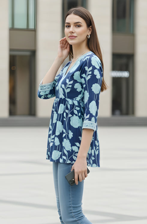 Blue Pure Cotton Jaipuri Printed Short Top