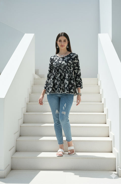Black Pure Cotton Jaipuri Printed Short Top