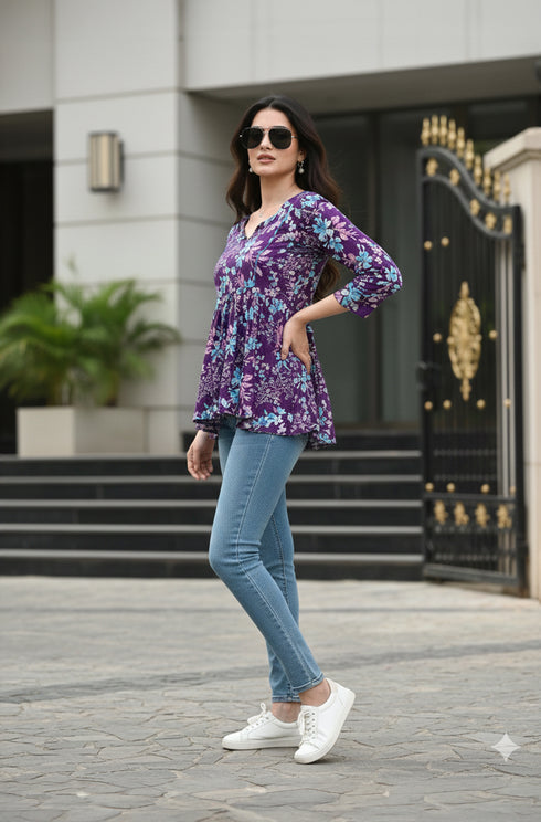 Purple Petal Bliss Cotton Jaipuri Printed Short Top