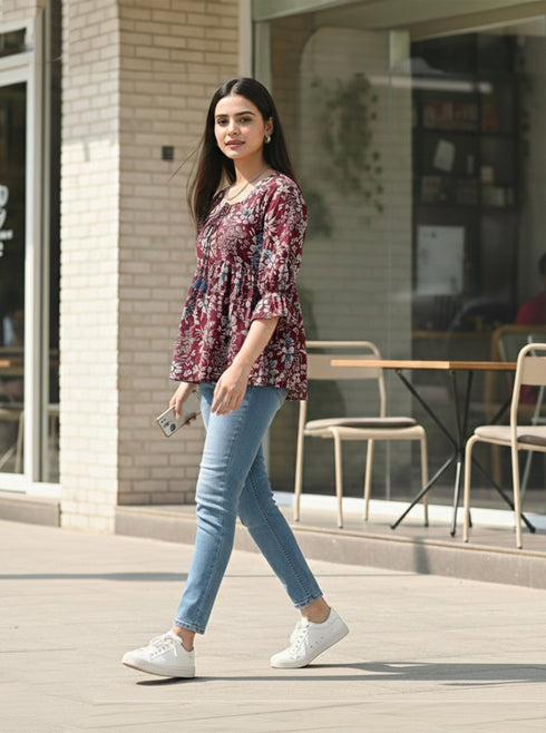 Serene Petal Couture Cotton Jaipuri Printed Short Top