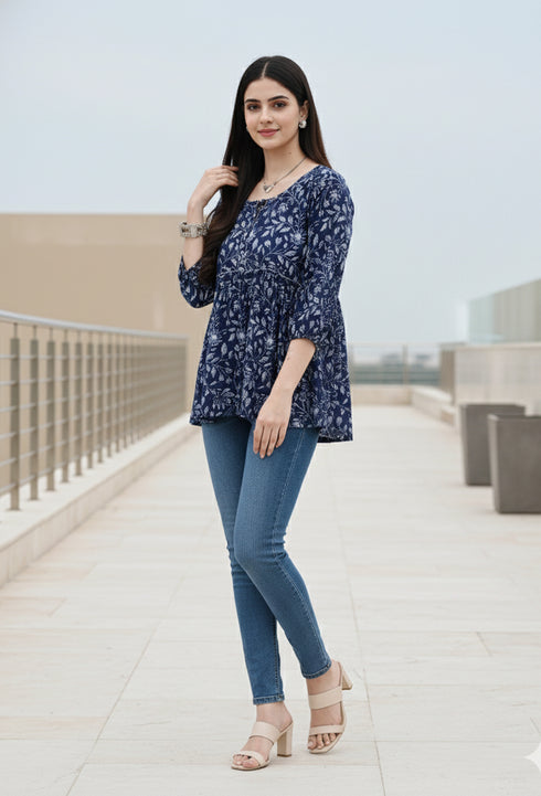 Garden Vibes Blue Cotton Jaipuri Printed Short Top