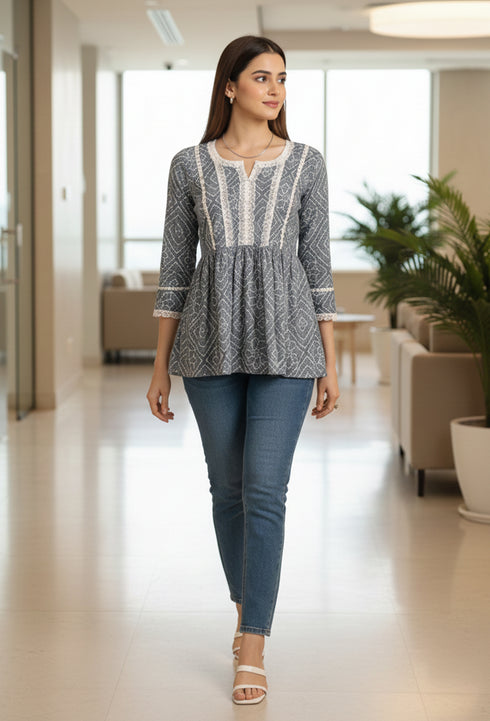 Grey & White Pure Cotton Bandhani Printed Short Top
