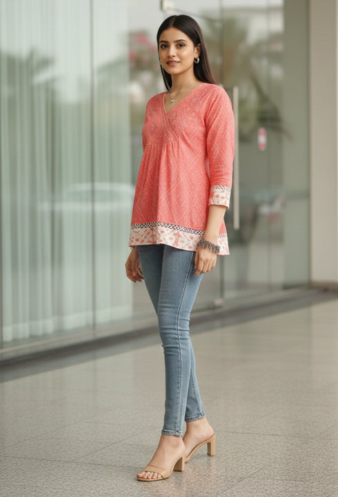 Peach Pure Cotton Bandhani Printed Short Top