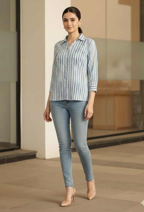 White & Blue Pure Cotton Tie-Die Printed Short Top