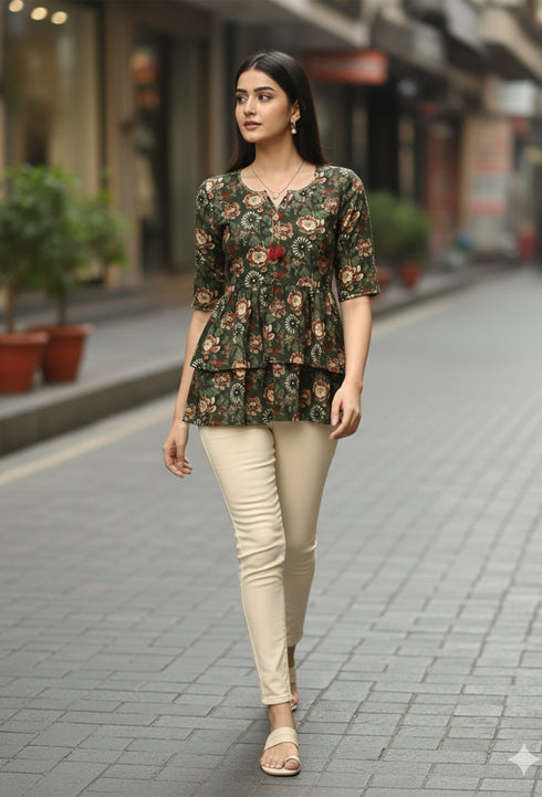 Green Pure Cotton Floral Printed Short Top