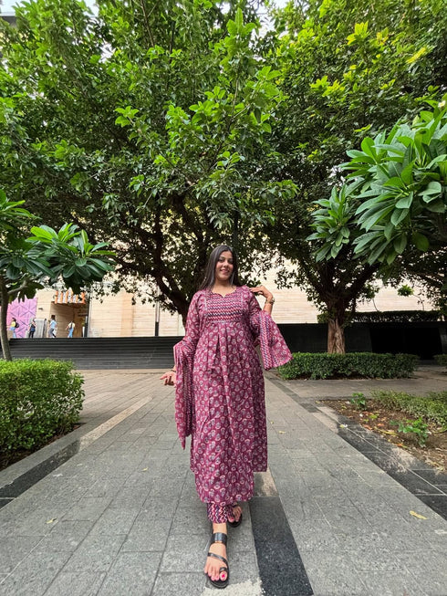 Women's Wine & Beige Cotton Blend Embroidered A-Line Kurta & Pant With Dupatta