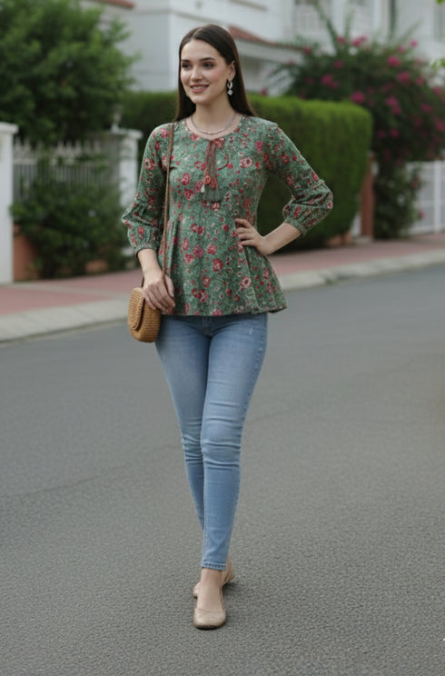 Sea Green Pure Cotton Floral Printed Short Top
